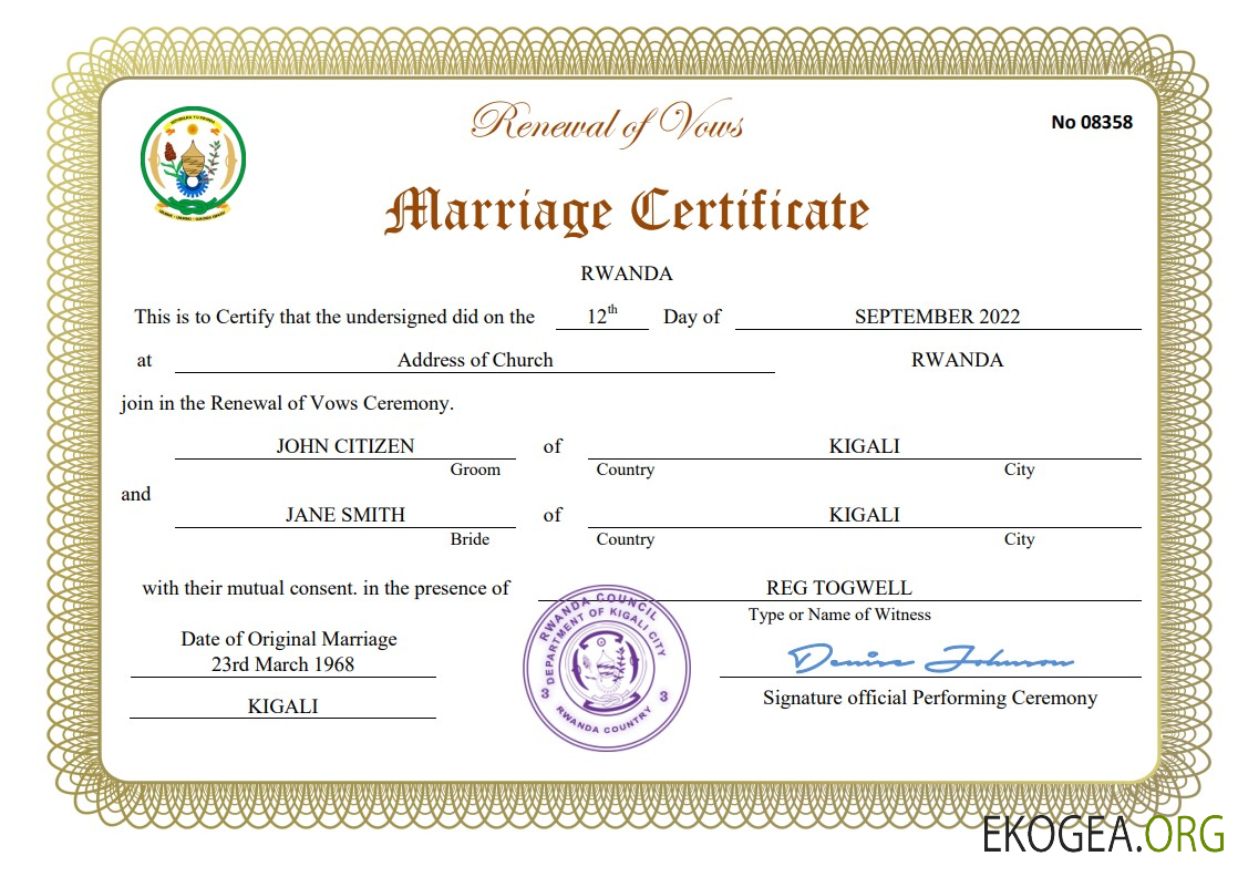 Modèle Word et PDF de certificat de mariage au Rwanda